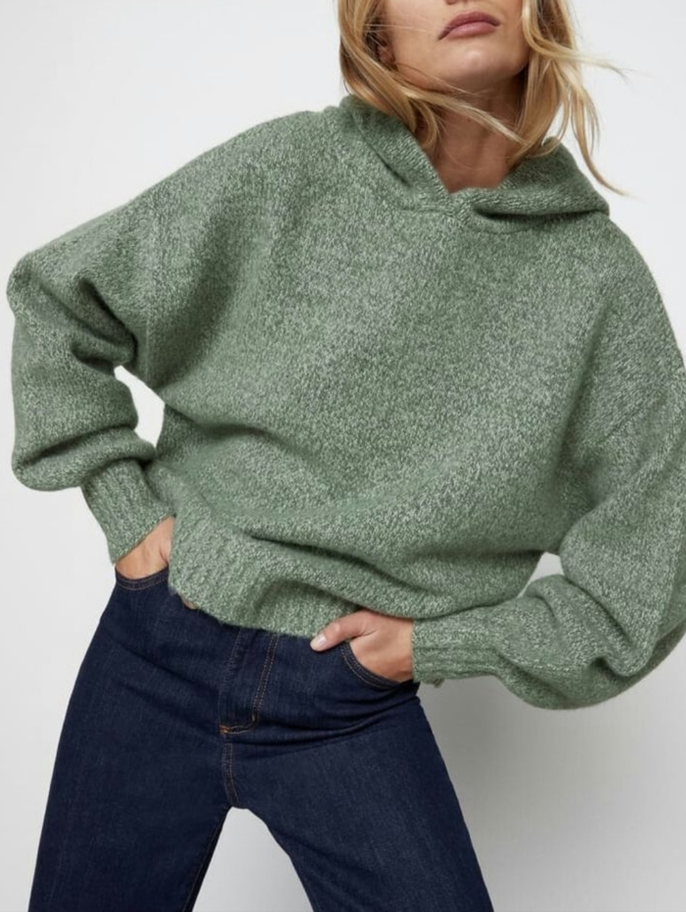 Zara Flecked Sage Green Hooded Ribbed Knit Sweatshirt Sweater
